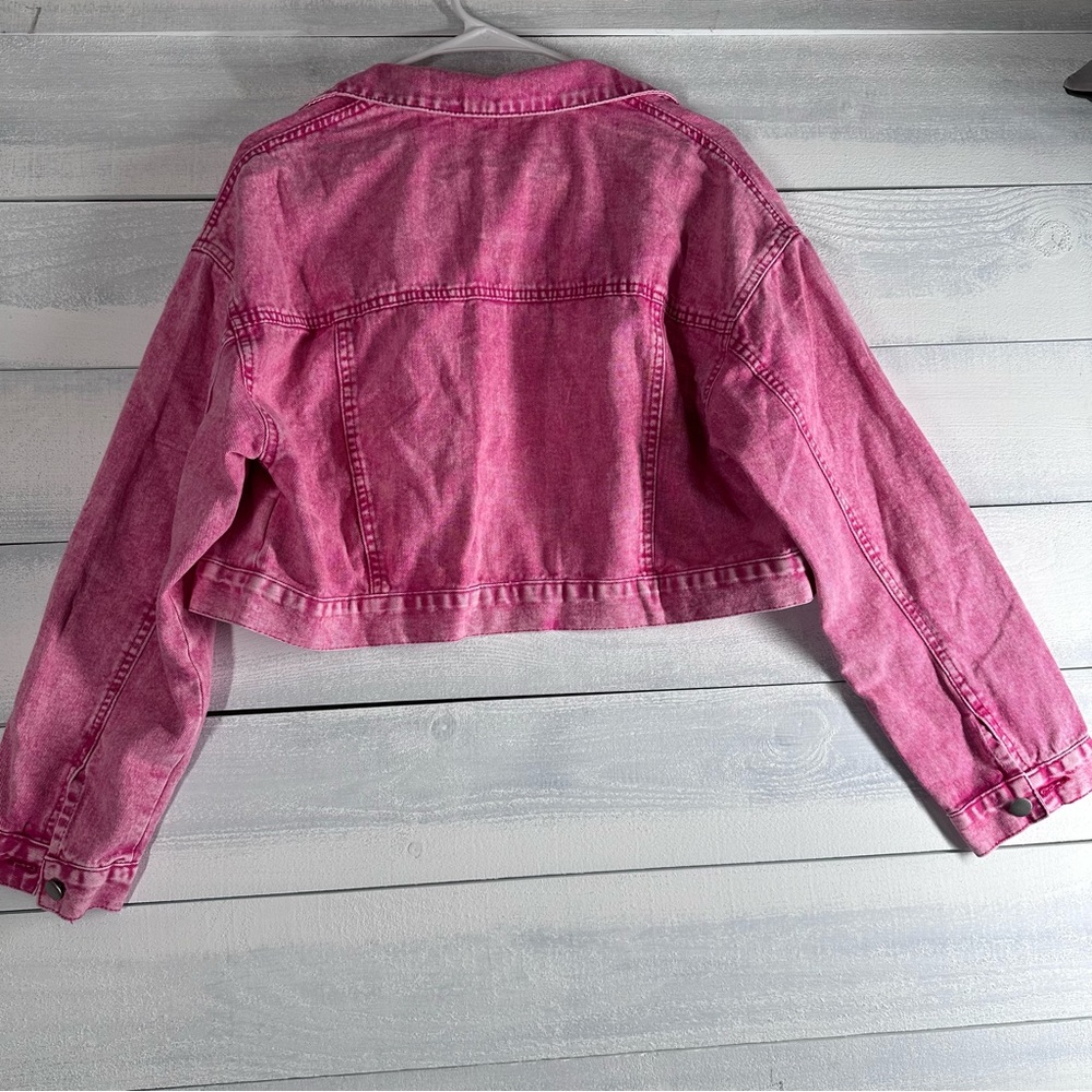 Pink Distressed Cropped Denim Jacket L - Picture 3 of 3